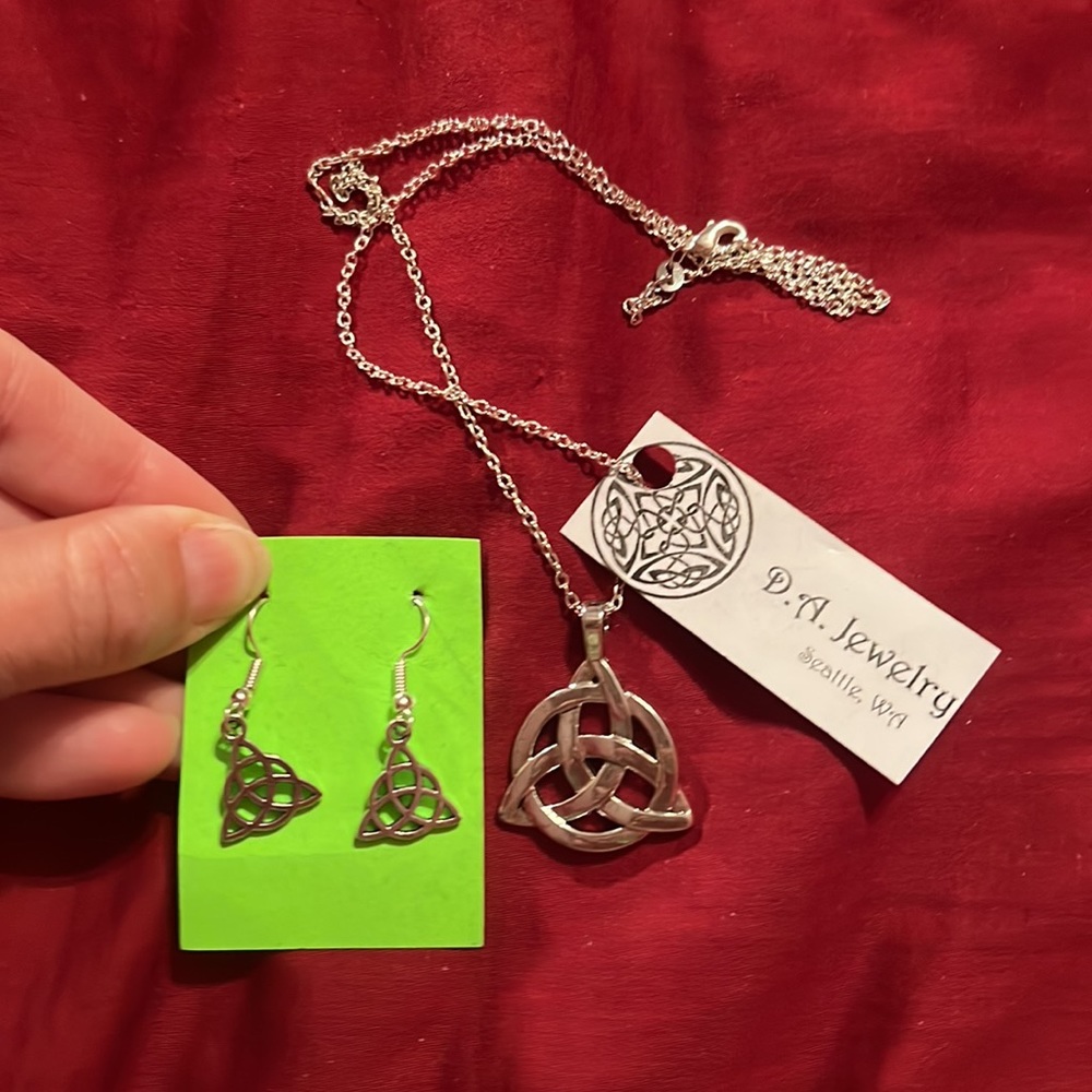 New Celtic Symbol Jewelry, Necklace and Earrings, Silver color.